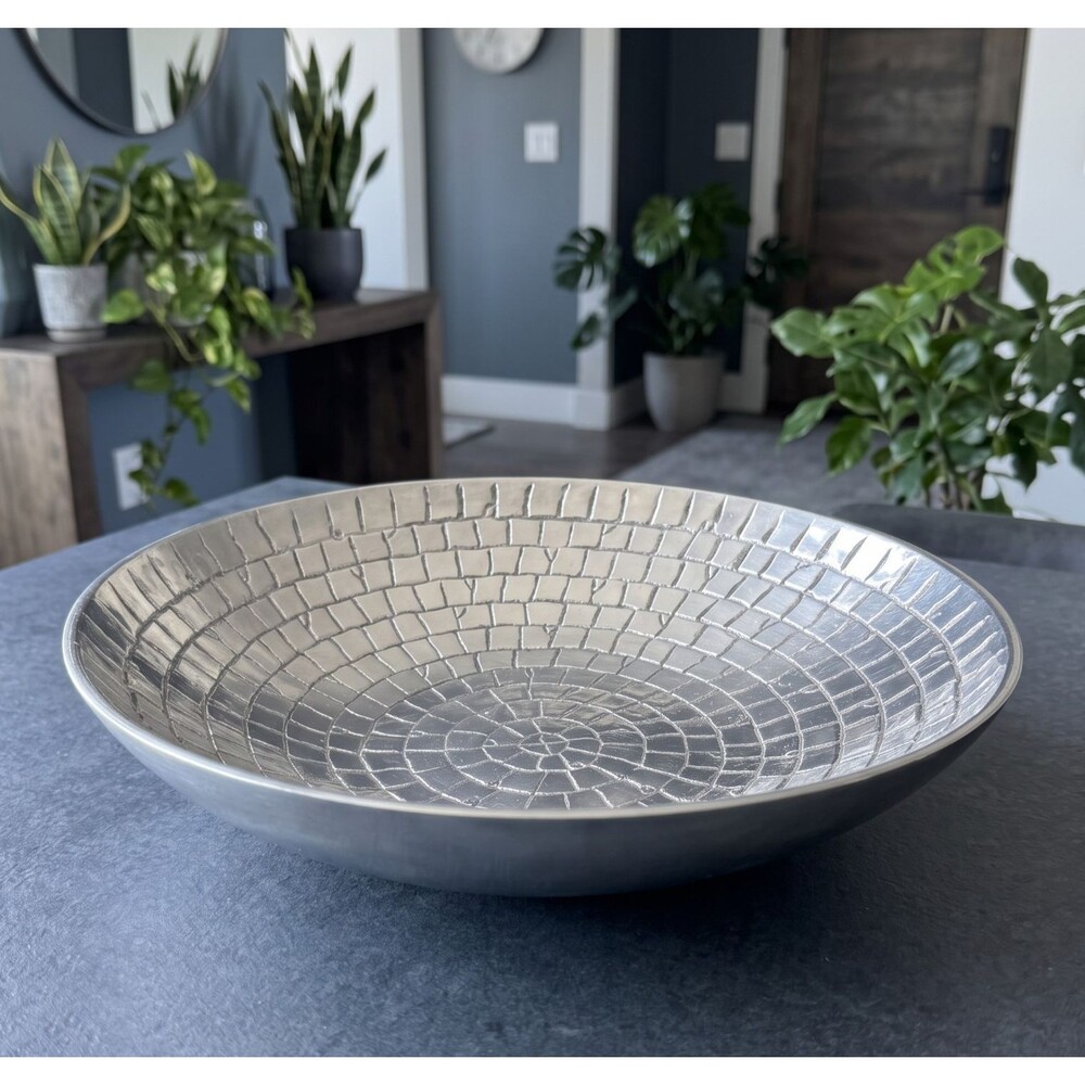 Mexican Cast Aluminum Croc Texture Mosaic Bowl 13.5" Silver Beatriz Ball Style